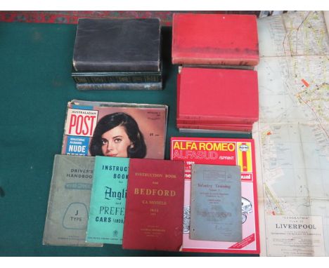 MIXED LOT OF VARIOUS VOLUMES, AUSTRAL ASIAN POST MAGAZINES, VINTAGE CAR HANDBOOKS, INFANTRY TRAINING PAMPHLET AND CANVAS MAP 