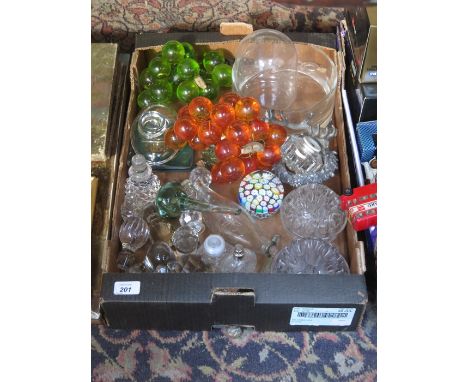 PARCEL OF COLOURED AND OTHER GLASSWARE, PAPERWEIGHTS AND INKWELL, ETC. 