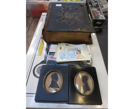 OLD FAMILY BIBLE AND FIRST DAY COVERS, OTHER STAMPS AND MINIATURE SILHOUETTES, ETC. 