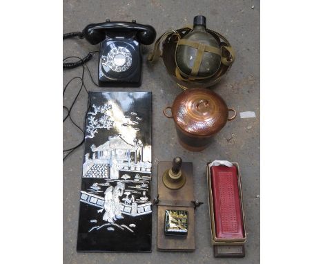 JAPANESE INLAID PANEL, MODERN PHONE,TWO CRIBBAGE GAMES, COPPER AND BRASS, MILITARY WATER FLASK ETC. 