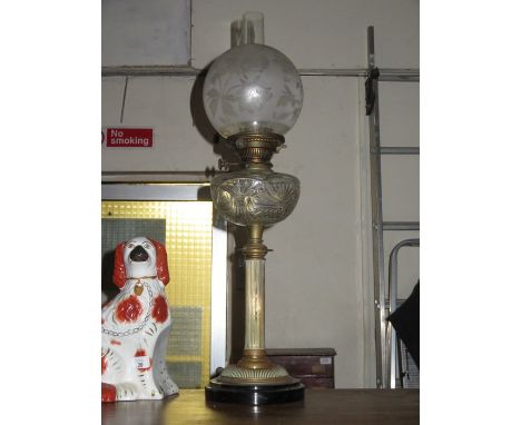VINTAGE COPPER COLUMN FORM OIL LAMP WITH GLASS RESERVOIR AND SHADE, BY HINKS DUPLEX, APPROXIMATELY 73cm HIGH 