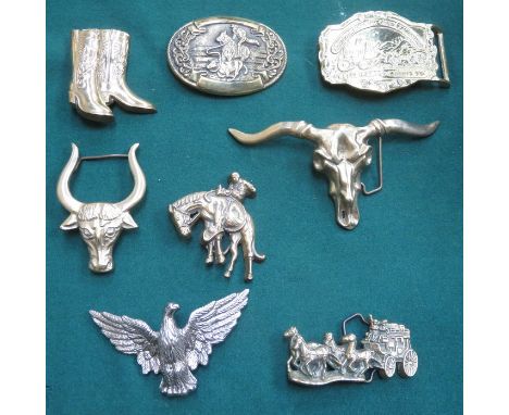 EIGHT VINTAGE BRASS BELT BUCKLES, ETC. 