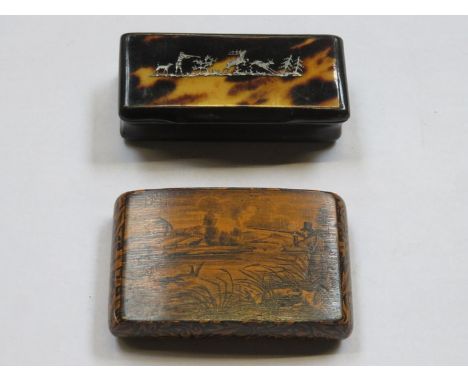 VICTORIAN EBONISED AND TORTOISE SHELL SNIFF BOX WITH SILVER INLAY AND ANOTHER SNUFF BOX DEPICTING A HUNTING SCENE 