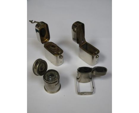CHROME INKWELL AND MATCHING VESTA CASE ALSO TWO OTHER VINTAGE CHROME INKWELLS