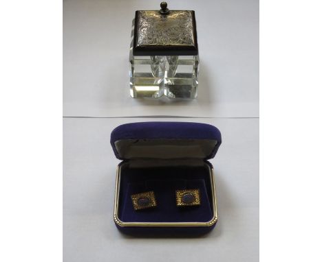 GLASS INKWELL WITH HALLMARKED SILVER TOP AND CASED SET OF OPAL SET CUFFLINKS 