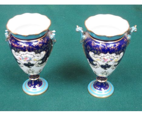 PAIR OF CROWN DERBY HANDPAINTED AND GILDED CERAMIC VASES, APPROXIMATELY 16cm HIGH (AT FAULT) 