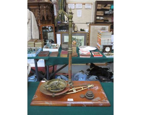 VINTAGE BRASS WEIGHING SCALES ON WOODEN STAND 