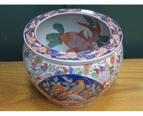 ORIENTAL STYLE HANDPAINTED CERAMIC FISH BOWL 