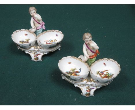 PAIR OF CONTINENTAL STYLE HANDPAINTED AND GILDED FIGURE FORM CERAMIC POSY BOWLS 