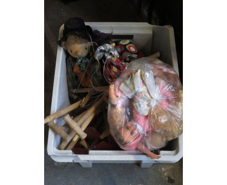 VARIOUS VINTAGE PUPPETS, CHILDREN'S DOLLS AND MINIATURE CHILDREN'S GARDEN TOOLS, ETC. 