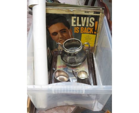 MIXED LOT INCLUDING PAIR OF OIL PAINTINGS, VINYLS INCLUDING ELVIS, FILM AND MUSIC POSTERS, POETICAL WORKS VOLUME AND PLATEDWA