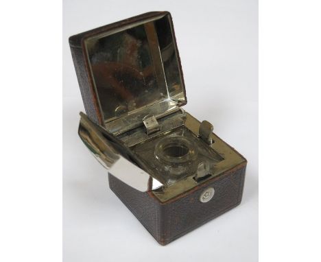 19th CENTURY LEATHER TRAVELLING INKWELL WITH CHROME PLATED INTERIOR BY BREVETT 