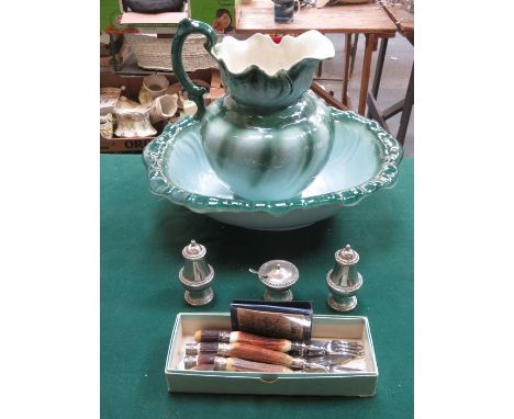 CERAMIC JUG AND BOWL SET, PLATED CRUET SET AND FLATWARE, ETC. 