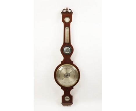 HALLET, TROWBRIDGE: A WILLIAM IV MAHOGANY WHEEL BAROMETER with a 10" silver dial, hygrometer, thermometer and a spirit level,