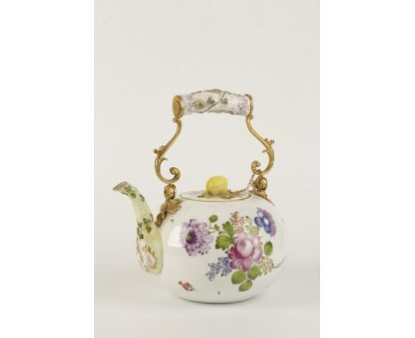 A DRESDEN PORCELAIN TEAPOT of globular form, painted in coloured enamels with floral decoration and ormolu mounts with a hing
