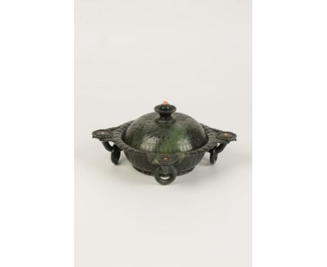 A CHINESE SPINACH JADE 'LOTUS' AND CORAL CENSER, the pierced domed cover with a lotus blossom finial, flanked at each corner 