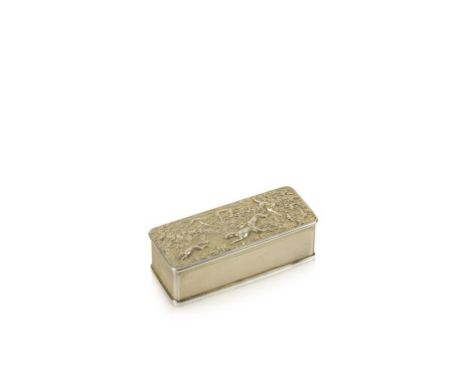 A GEORGE III SILVER GILT SNUFF BOX, of rectangular form with rounded corners, the hinged top cast with a hunting scene, with 