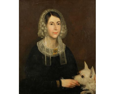 ENGLISH SCHOOL, 19th century A half-length portrait of a lady in black dress with lace bonnet and collar, a dog at her lap, o