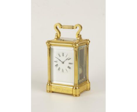 A FRENCH BRASS CASED REPEATING CARRIAGE CLOCK, the white enamel dial with Roman numerals, striking on a coiled gong, the case