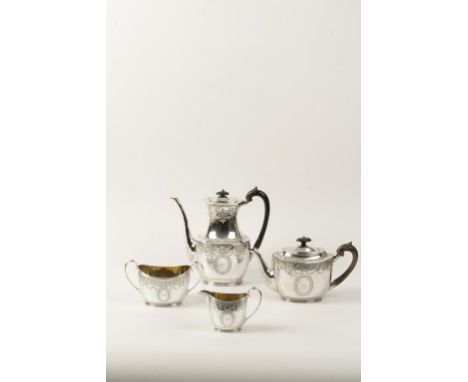 A VICTORIAN SILVER FOUR PIECE TEA AND COFFEE SET, comprising teapot, coffee pot, milk jug and sugar bowl, all with engraved f