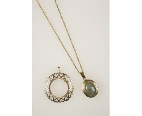 A CABOCHON JADEITE PENDANT, the oval jadeite set in a 9ct yellow gold frame, attached to a 9ct yellow gold fine-link chain, c