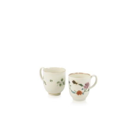 A FIRST PERIOD WORCESTER POLYCHROME COFFEE CUP painted with blossom and insect, circa 1770, and a Worcester coffee cup painte