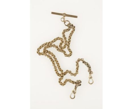 A 9CT YELLOW GOLD FOB CHAIN with "T"-bar, c.44cm long (c.16.9grams)