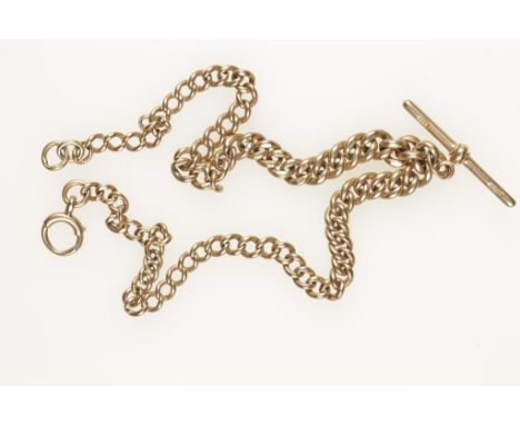 A 9CT YELLOW GOLD FOB CHAIN with attached "T"-bar, c.38cm long, (c.31.8grams)
