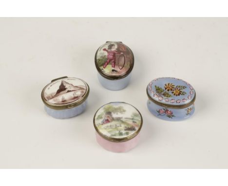 A GEORGIAN STAFFORDSHIRE ENAMEL PATCH BOX, the hinged top cover dececorated with a scene of St Michaels Mount, another with a