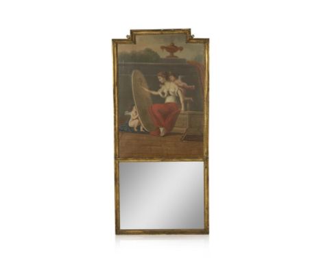 A FRENCH GILT TRUMEAU MIRROR, the rectangular plate within a moulded frame, surmounted by a neoclassical style panel depictin