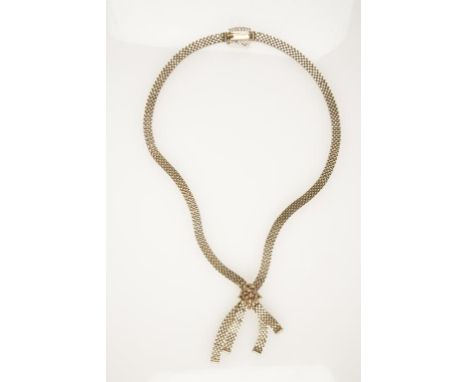 A 9CTS YELLOW GOLD GATE LINK NECKLACE, with attached tassle clasp, decorated with raised gold beads, the concealed clasp stam