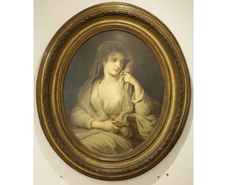 ENGLISH SCHOOL, 19th century, a half-length portrait of a classically dressed woman seated holding an oil lamp, oval, oil on 