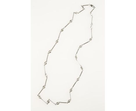 A DIAMOND NECKLACE comprising twenty one marcasite-cut collet-set diamonds c.3.33cts total, interspersed with white gold soli