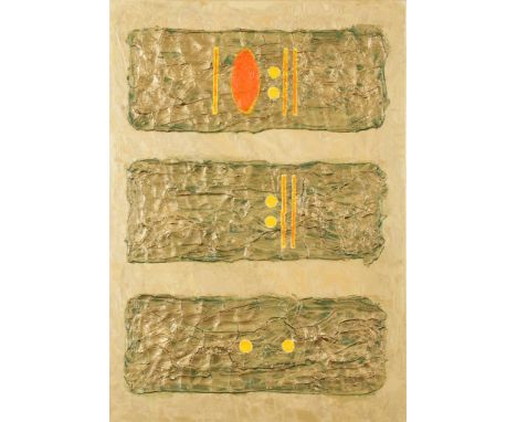 •CHRIS BILLINGTON (b.1955) "World of the 5th Sun", 2012, titled, dated and signed verso, mixed media on canvas, 19.25" x 27.2