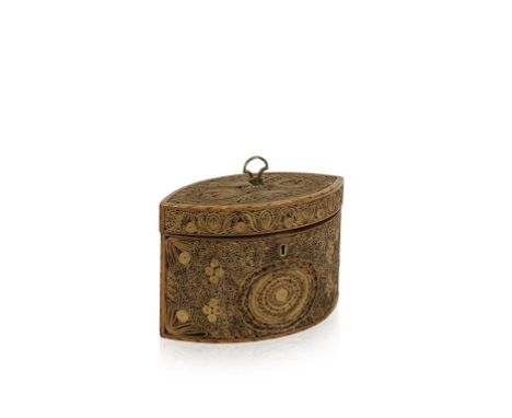 A GEORGE III ROLLED PAPERWORK TEA CADDY of oval form, the hinged lid with a brasswork loop handle and boxwood inlaid bands, e