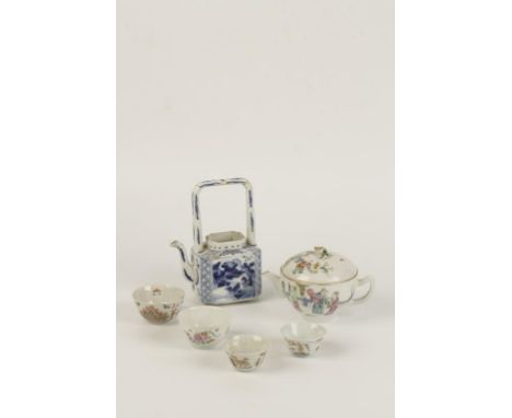 A CHINESE BLUE AND WHITE TEAPOT, the square sides painted with figures in mountainous views, Kangxi period, 18cms high, toget