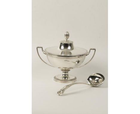 A FRENCH SILVER PLATED TUREEN AND COVER, of neo-classical form, the cover, with raised centre and acorn finial decorated with