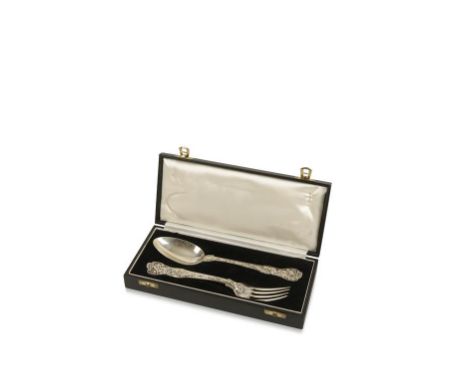 PAUL STORR: A GEORGE III SILVER 'STAG HUNT' PATTERN TABLE SPOON AND FORK, London, 1816, in a later fitted case, 9" long, c.(7