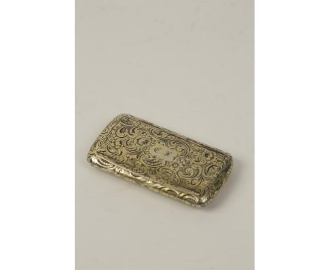 A FRENCH SILVER GILT SNUFF BOX, of rectangular form with rounded corners, hinged lift top lid, decorated with foliate scrolls