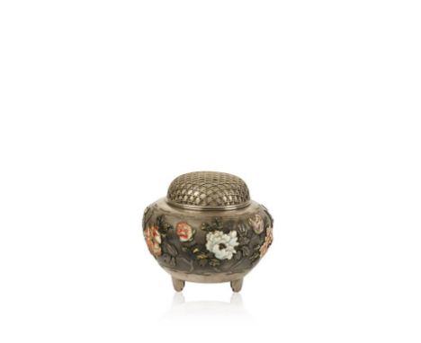 FIVE JAPANESE SILVER AND ENAMEL KORO, with a wire work pierced cover, the compressed globular sides decorated in relief with 