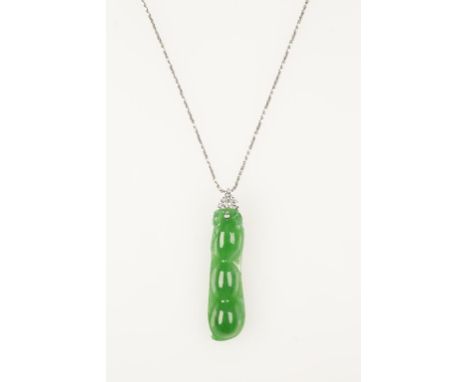 A JADEITE AND DIAMOND PENDANT, the jadeite c.45mm long, attached with a single collet-set diamond to a three stone claw-set b