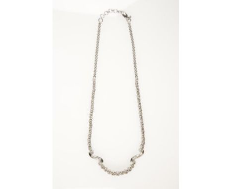 A DIAMOND NECKLACE with 53 graduated brilliant-cut diamonds interspersed with two twisted white metal bars, each set with thr