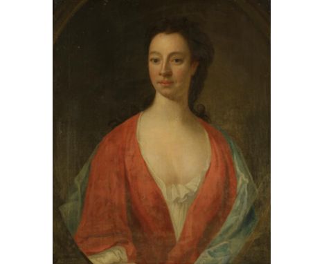 MANNER OF GODFREY KNELLER (1646-1723) A half-length portrait of a lady with dark hair loosely swept back and wearing a red an