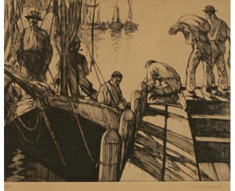 •IAN MACNAB (1890- 1967) Fishermen in preparation, numbered 15/50 and signed lower right in pencil, etching with aquatint, 8"