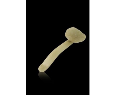 A CHINESE CELADON JADE CARVING OF A RUYI SCEPTRE, carved in shallow relief with ducks in a lotus pond, the end of the handle 
