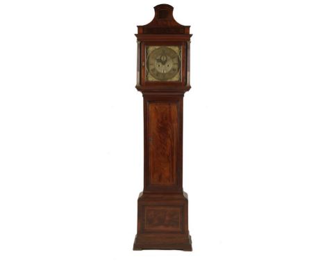 A GEORGE III MAHOGANY AND INLAID LONGCASE CLOCK, by Thomas Frigg, London, the brass dial with subsidiary seconds dial, date a