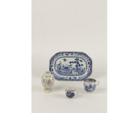 A CHINESE EXPORT BLUE AND WHITE DISH, the rectangular shallow dish painted in underglaze blue with cranes in a fenced garden,