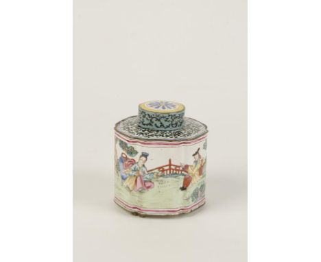 A CHINESE EXPORT ENAMEL TEA CADDY, the lobed cylindrical sides painted with Europeans and cherubs in a Chinese garden scene, 