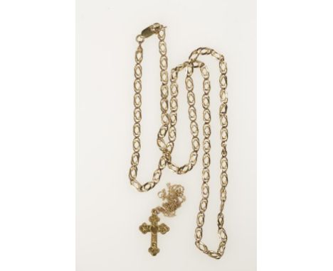 A 9CTS YELLOW GOLD CHAIN LINK NECKLACE, c. 55cms long, and a 9cts yellow gold cross and chain, (c.13.8gms)