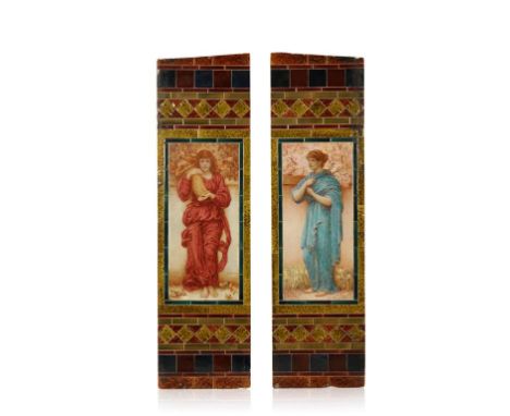 A PAIR OF VICTORIAN PRE-RAPHAELITE STYLE COPELAND & SONS FIREPLACE TILE PANELS, each painted with one of the Four Seasons " A
